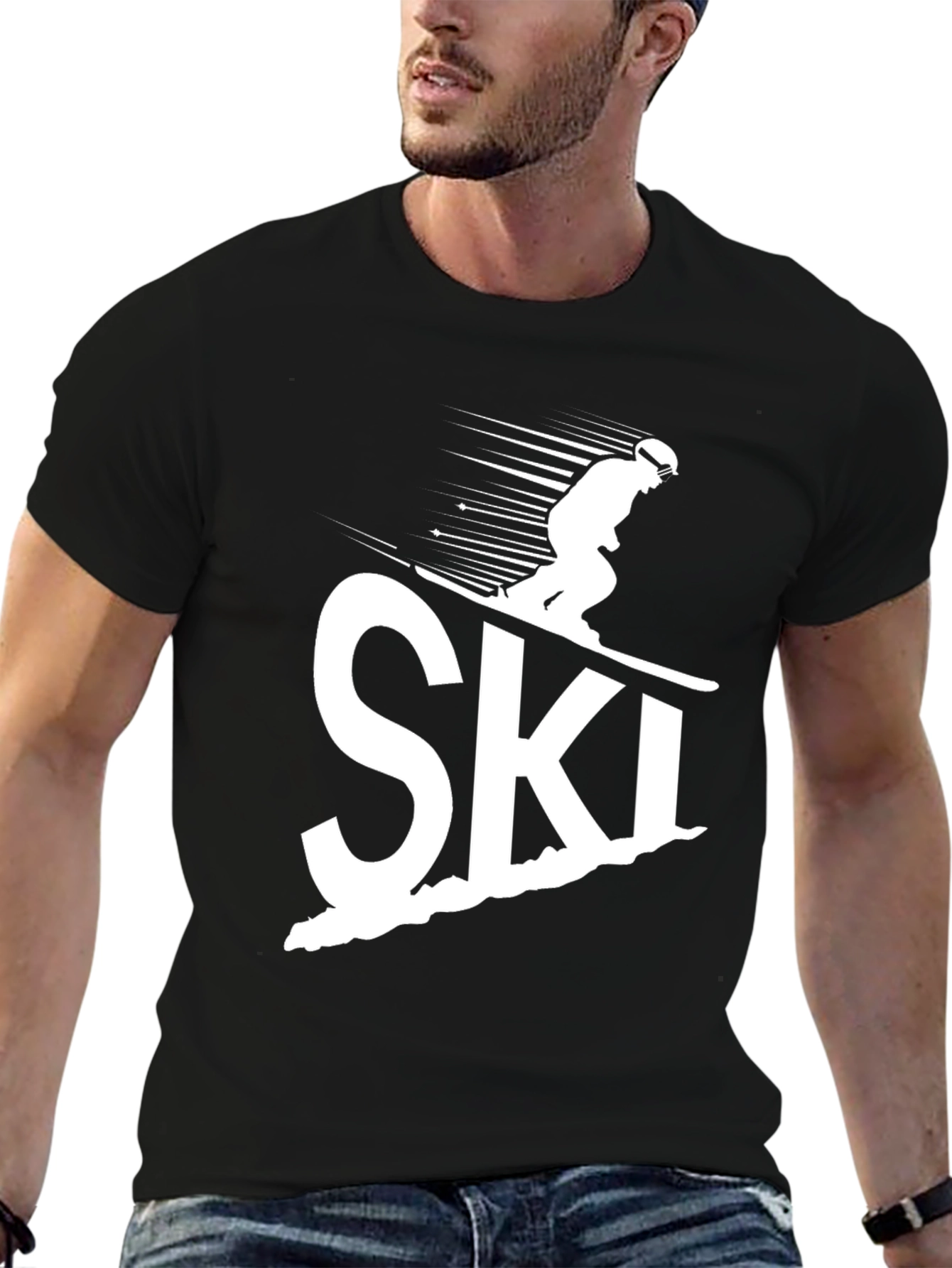 Skiing Graphic Tee - Black Cotton Comfort
