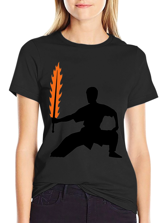 Flame Sword Fighter Graphic Tee - Black Cotton Blend