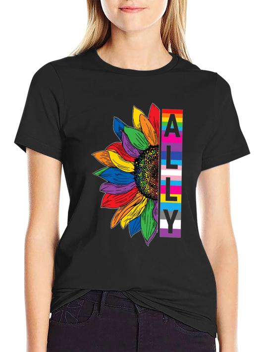 LGBTQ Ally Sunflower Graphic Tee - Black Cotton Blend