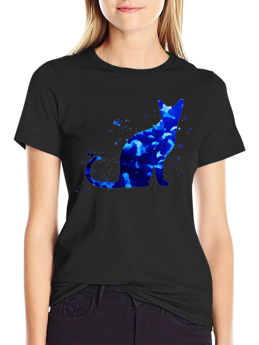 Blue Cat Graphic T-Shirt - Artistic Design