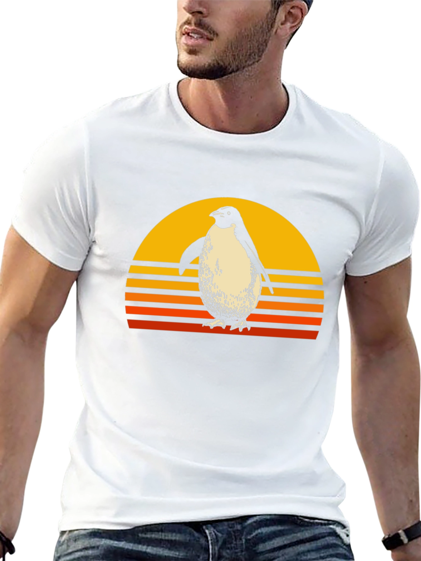 Retro Penguin Sunset Graphic Tee - Black Cotton T-Shirt