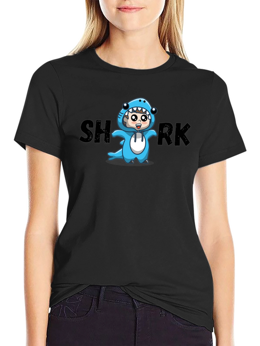 Cartoon Shark Graphic Tee - Black Cotton Blend