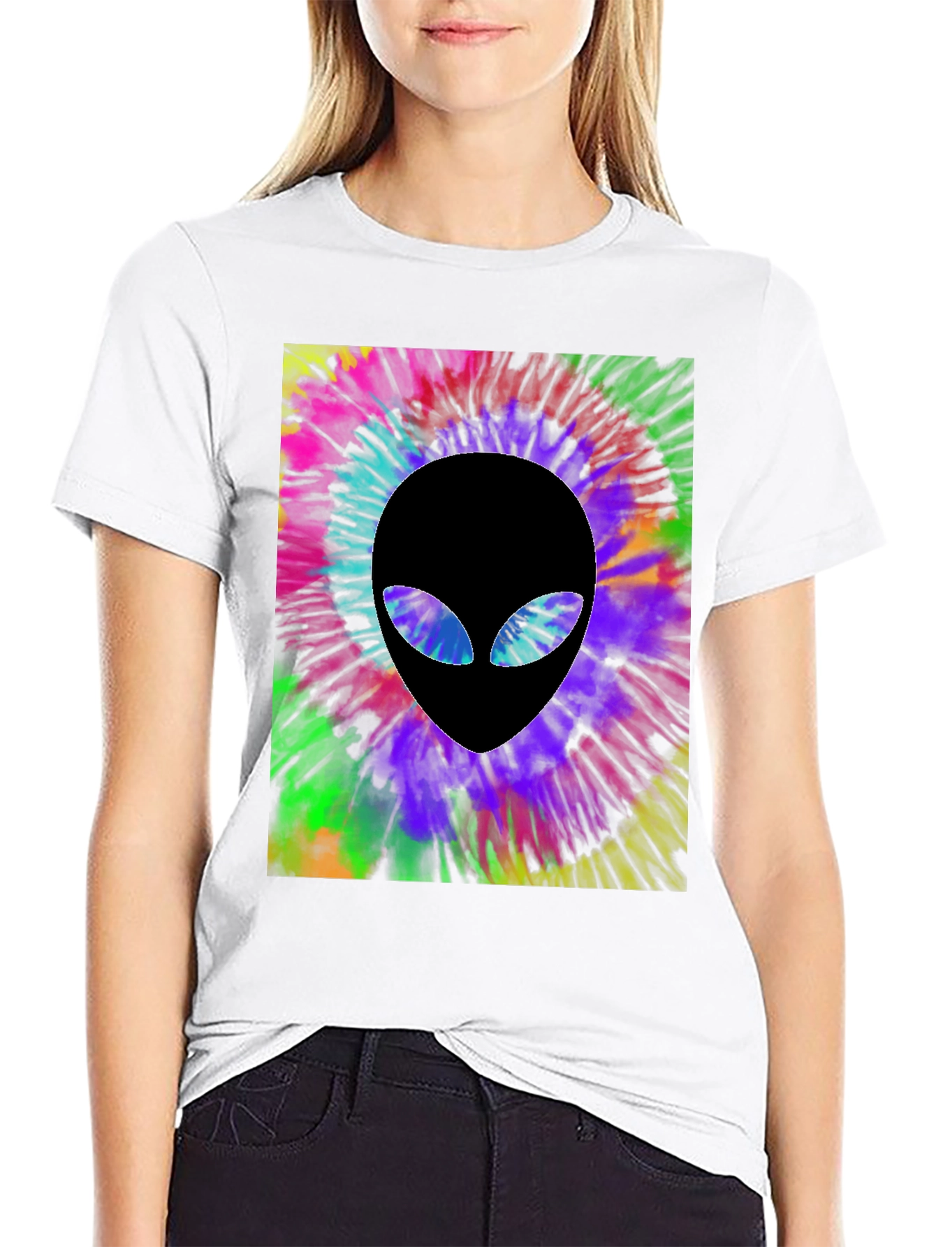 Tie Dye Alien Head Graphic Black T-Shirt