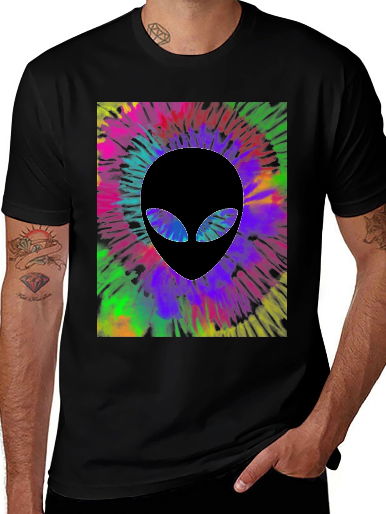 Tie Dye Alien Head Graphic Black T-Shirt