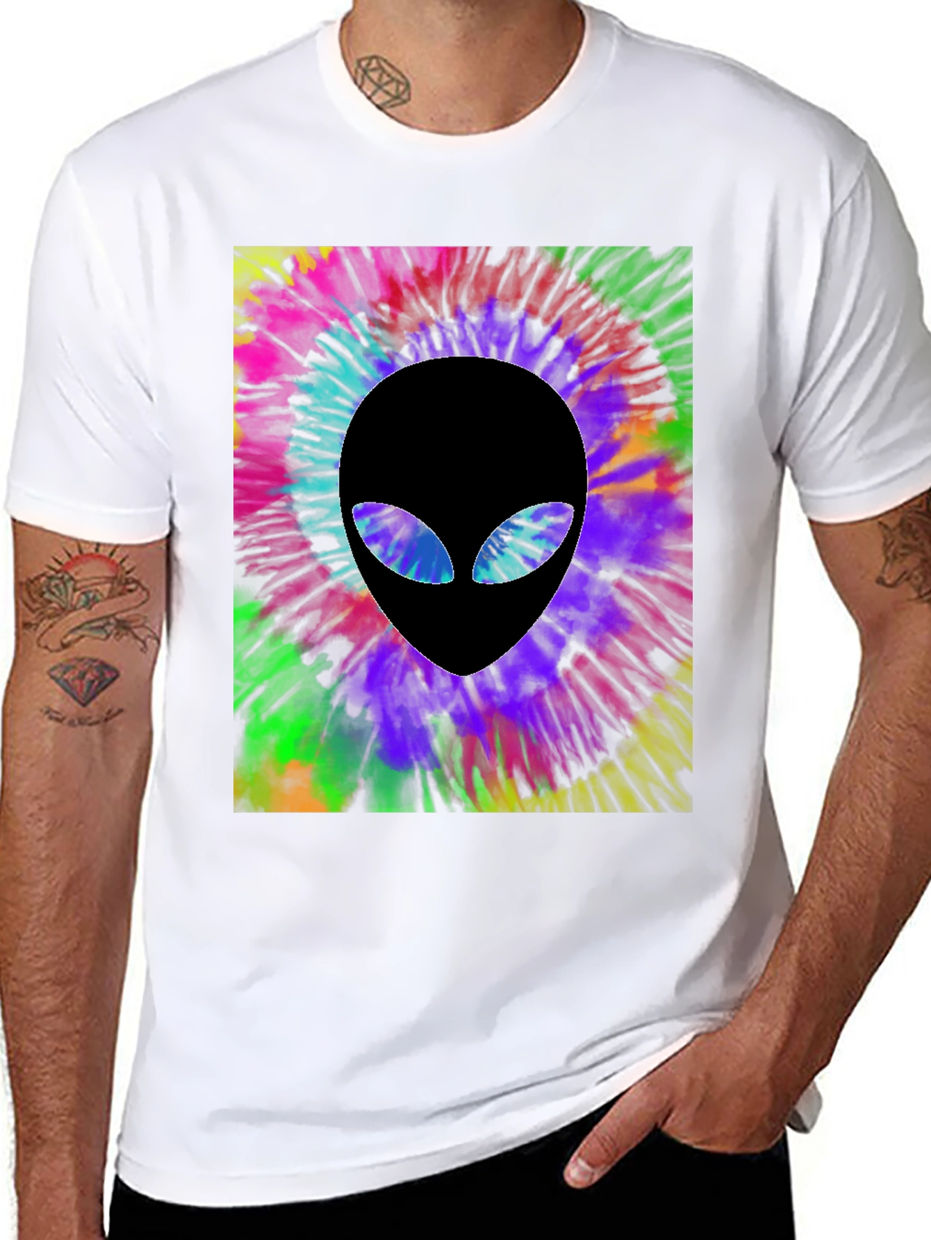 Tie Dye Alien Head Graphic Black T-Shirt