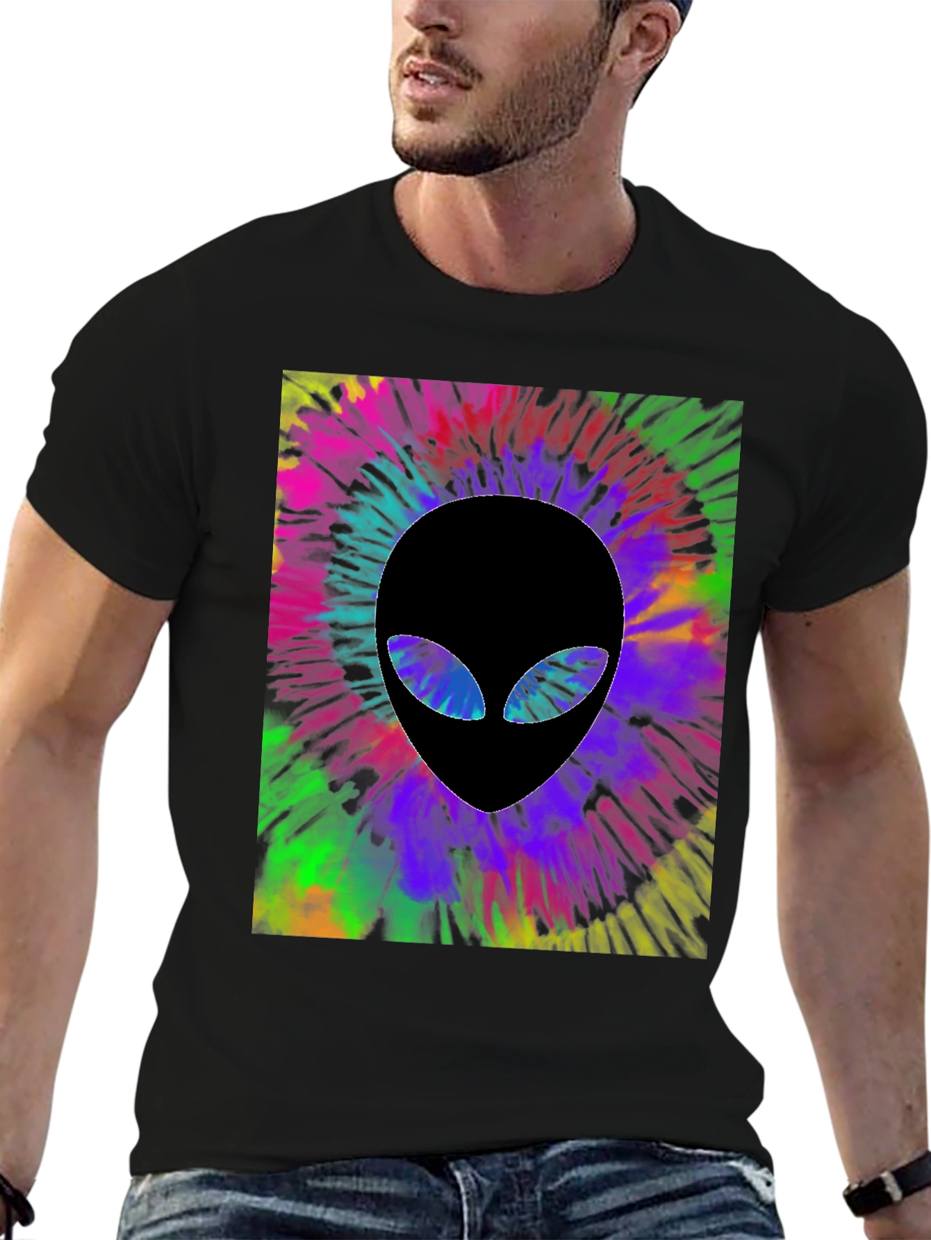 Tie Dye Alien Head Graphic Black T-Shirt