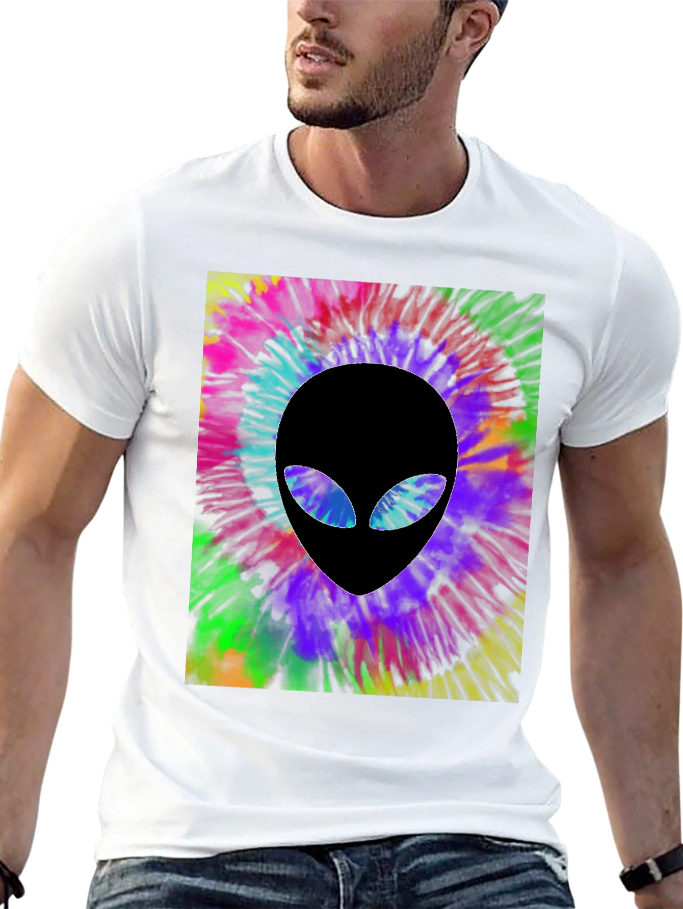 Tie Dye Alien Head Graphic Black T-Shirt