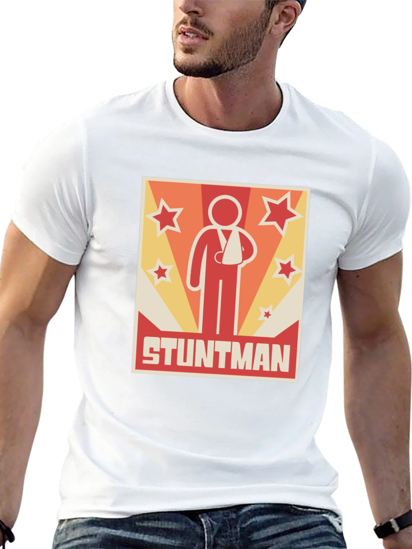 Stuntman Injured Arm Cartoon Graphic Print T-Shirt