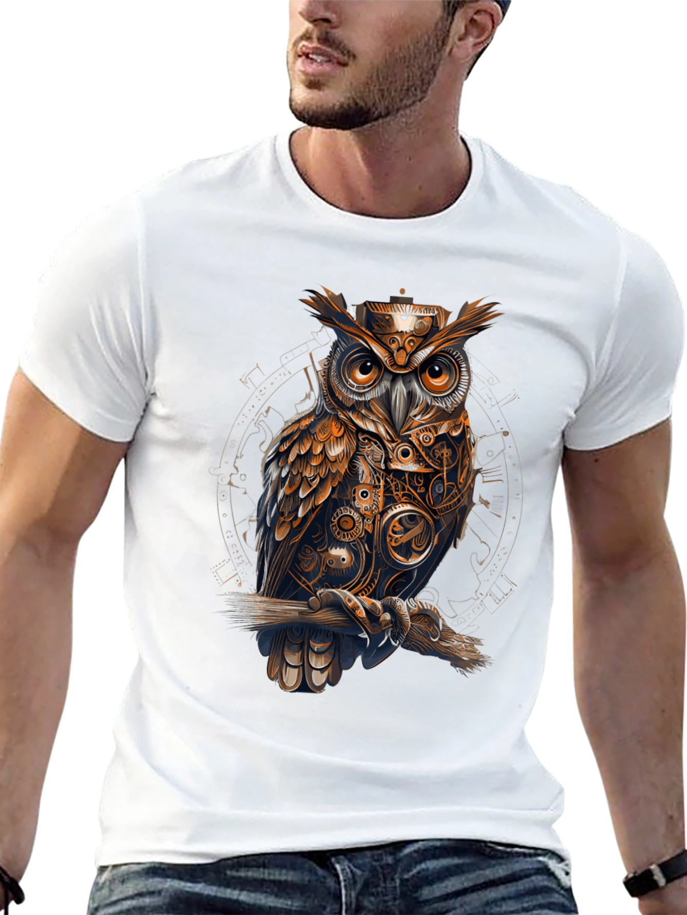 Steampunk Owl Graphic Print Black T-Shirt