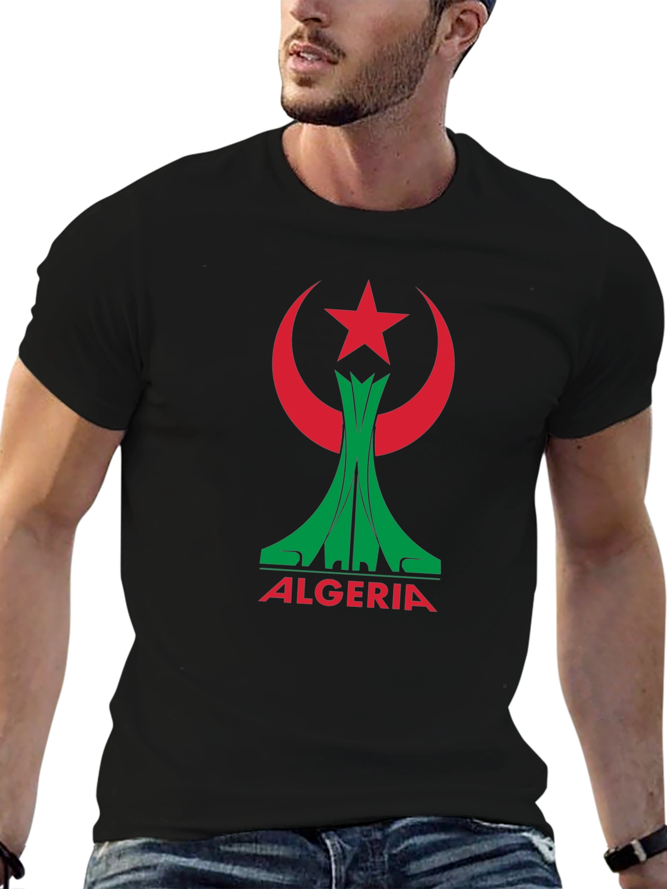Algeria Flag Graphic Tee - Black Cotton T-Shirt