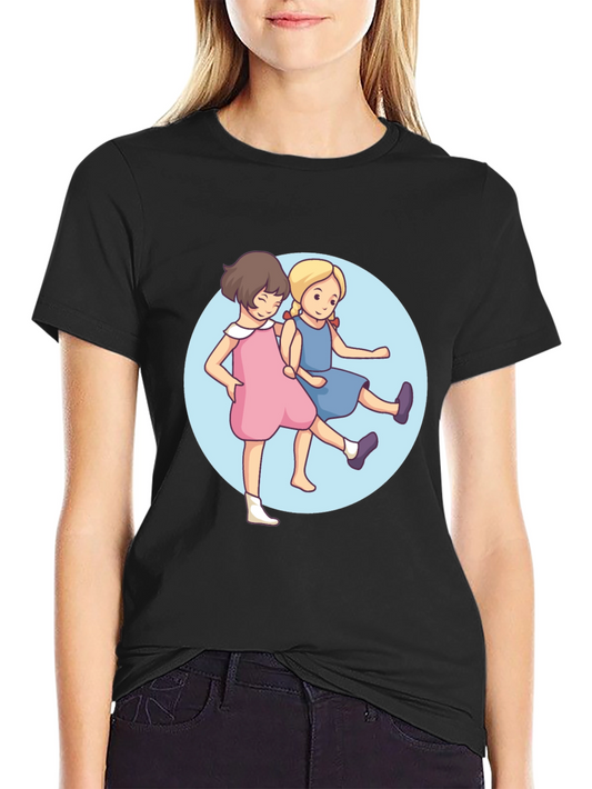 Cute Cartoon Twins Black T-Shirt