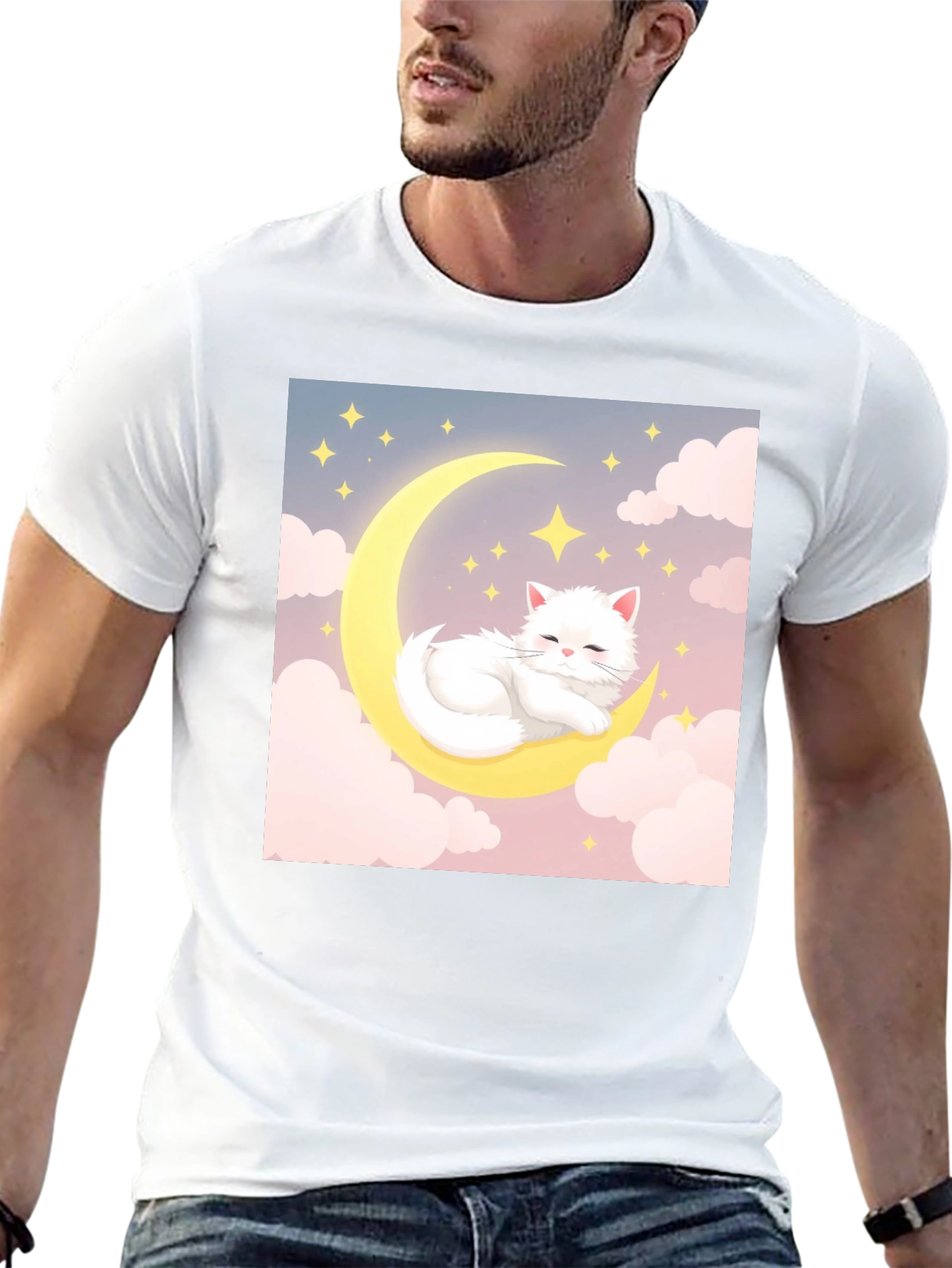 Cute Cat on Moon Black T-Shirt