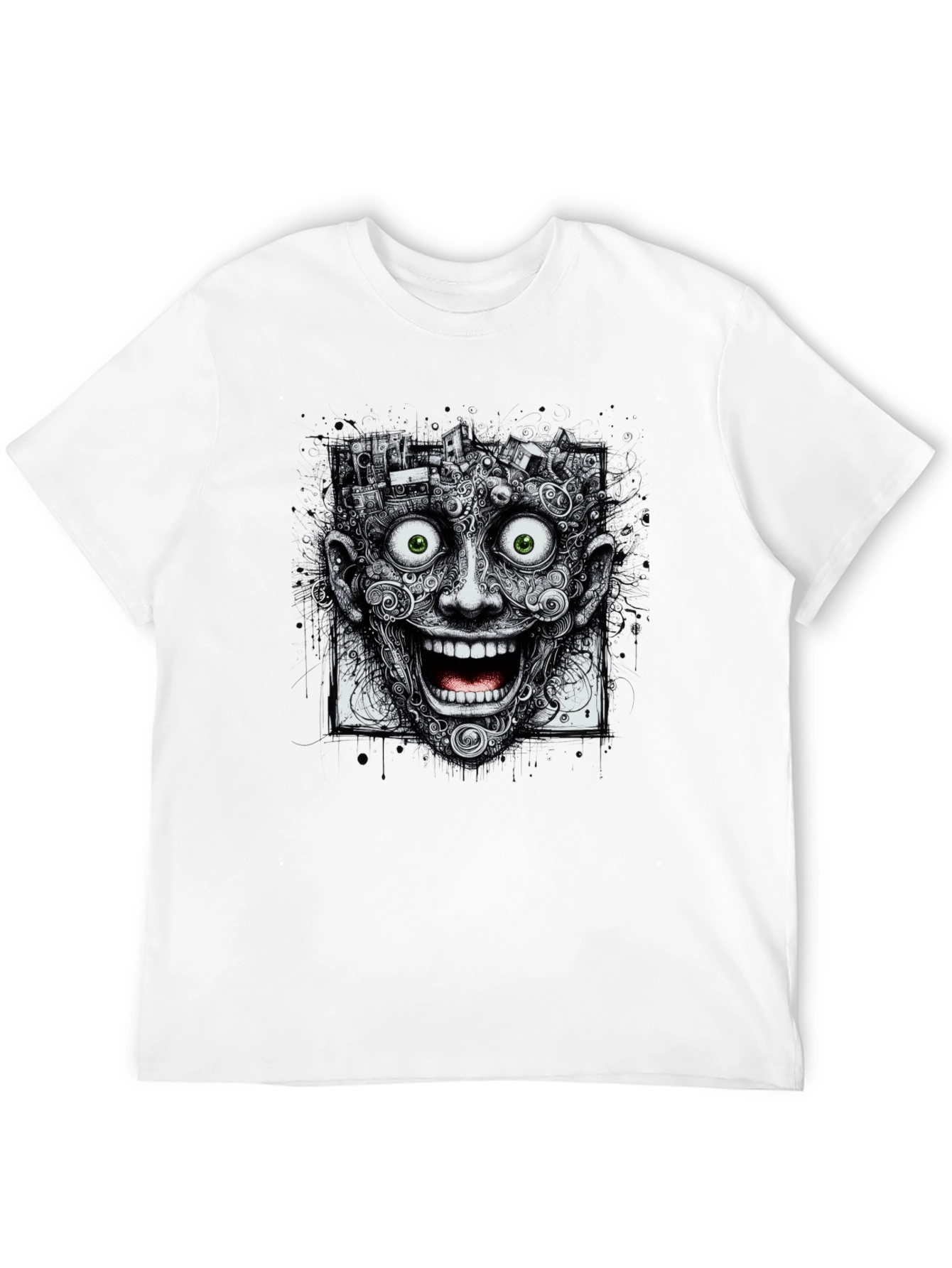 Surreal Grinning Face Graphic Tee - Black