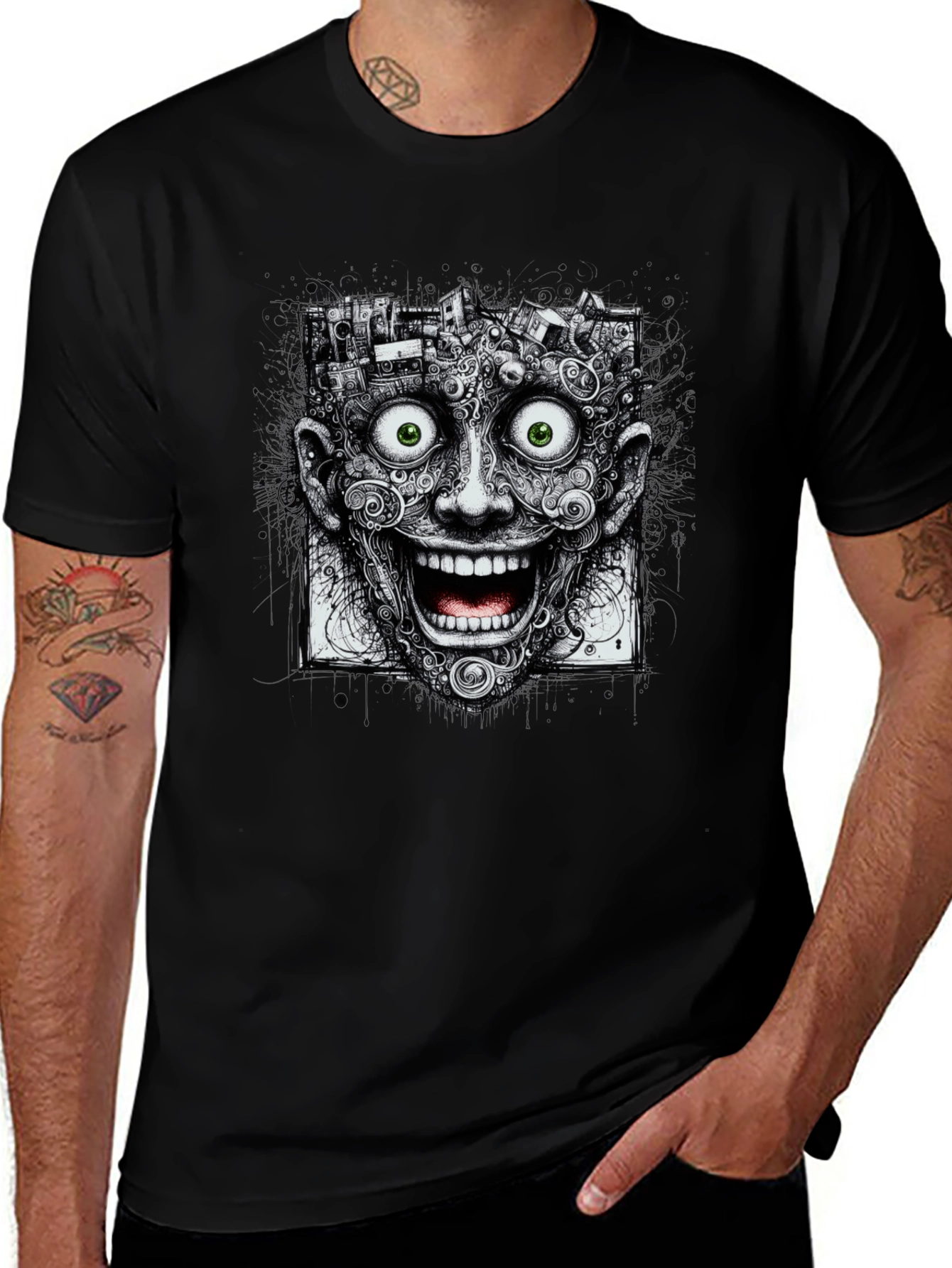 Surreal Grinning Face Graphic Tee - Black