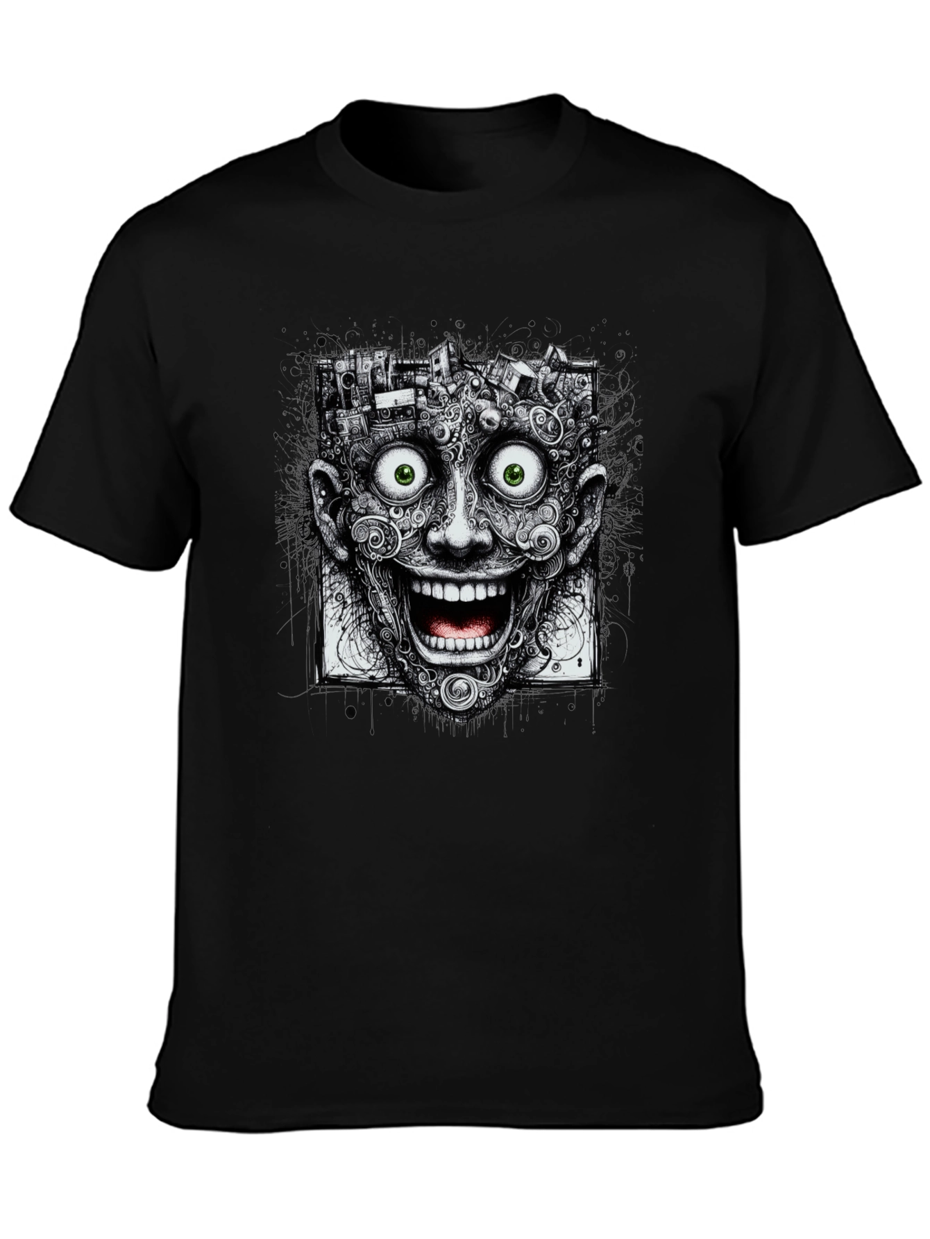 Surreal Grinning Face Graphic Tee - Black