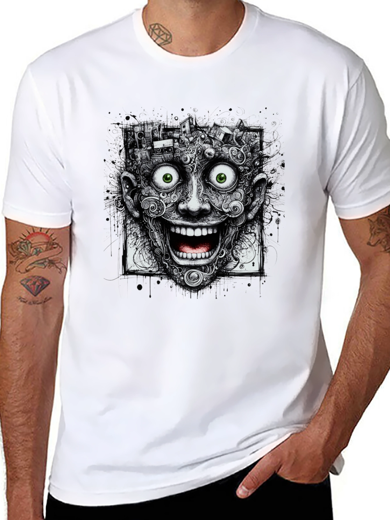 Surreal Grinning Face Graphic Tee - Black