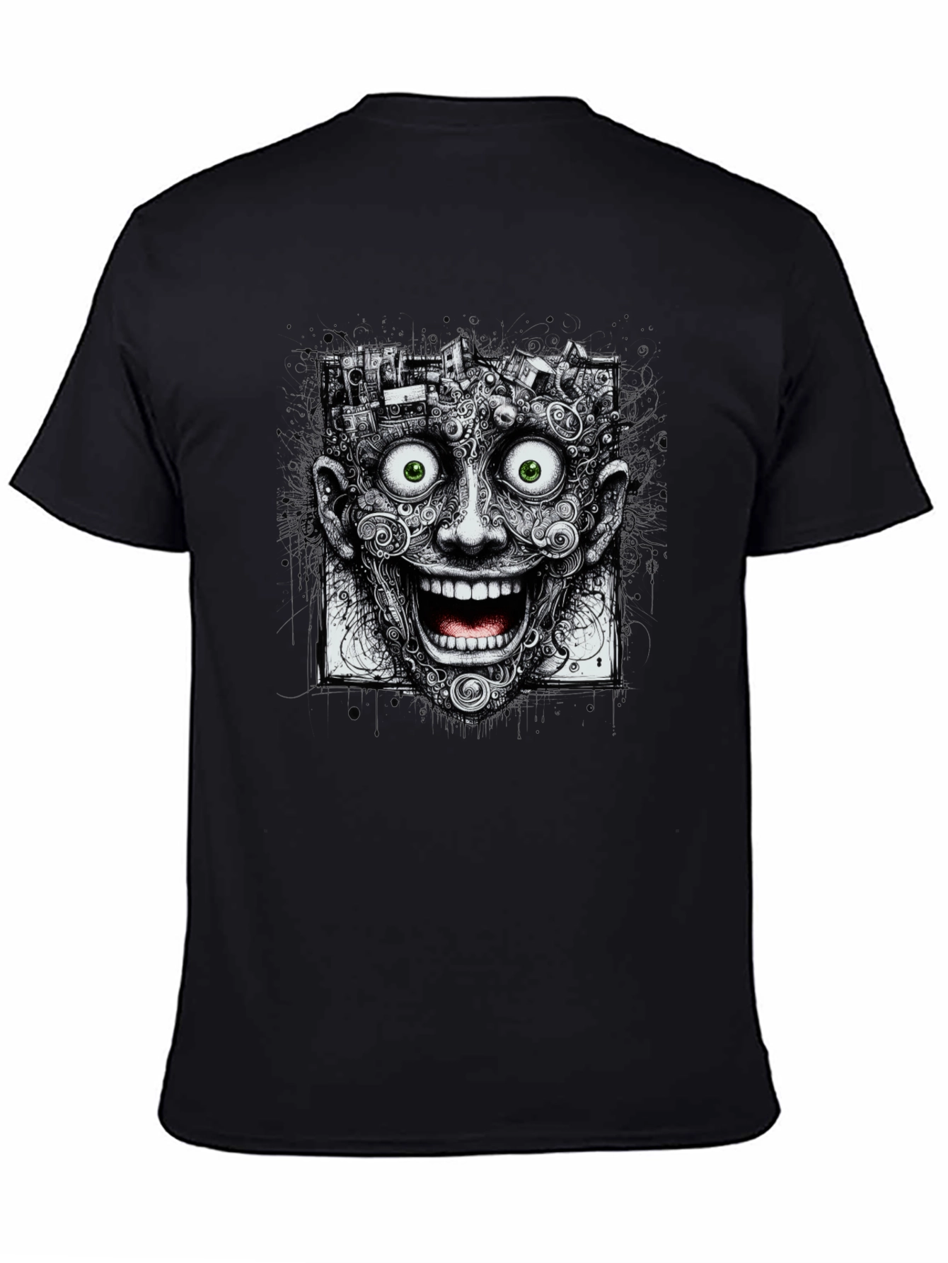 Surreal Grinning Face Graphic Tee - Black