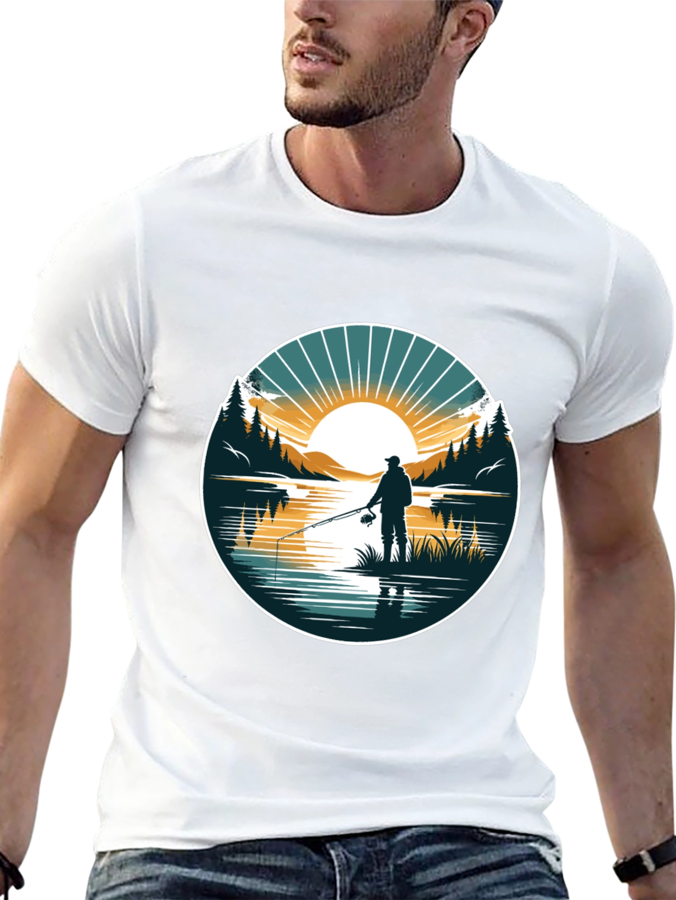 Fishing Scene Graphic Tee - Nature Lovers Black T-Shirt