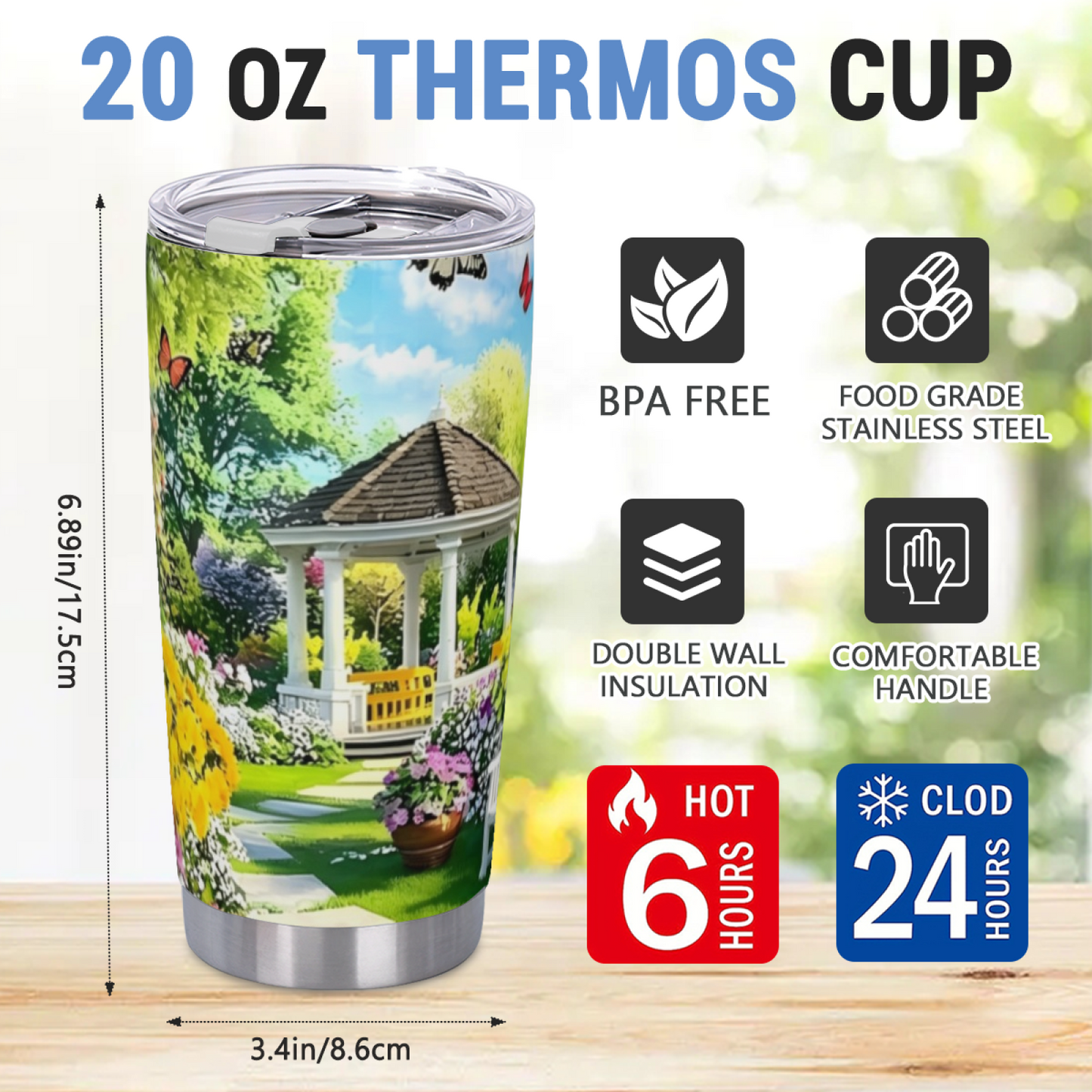 Bright Summer Garden White Gazebo Butterfly Floral Tumbler