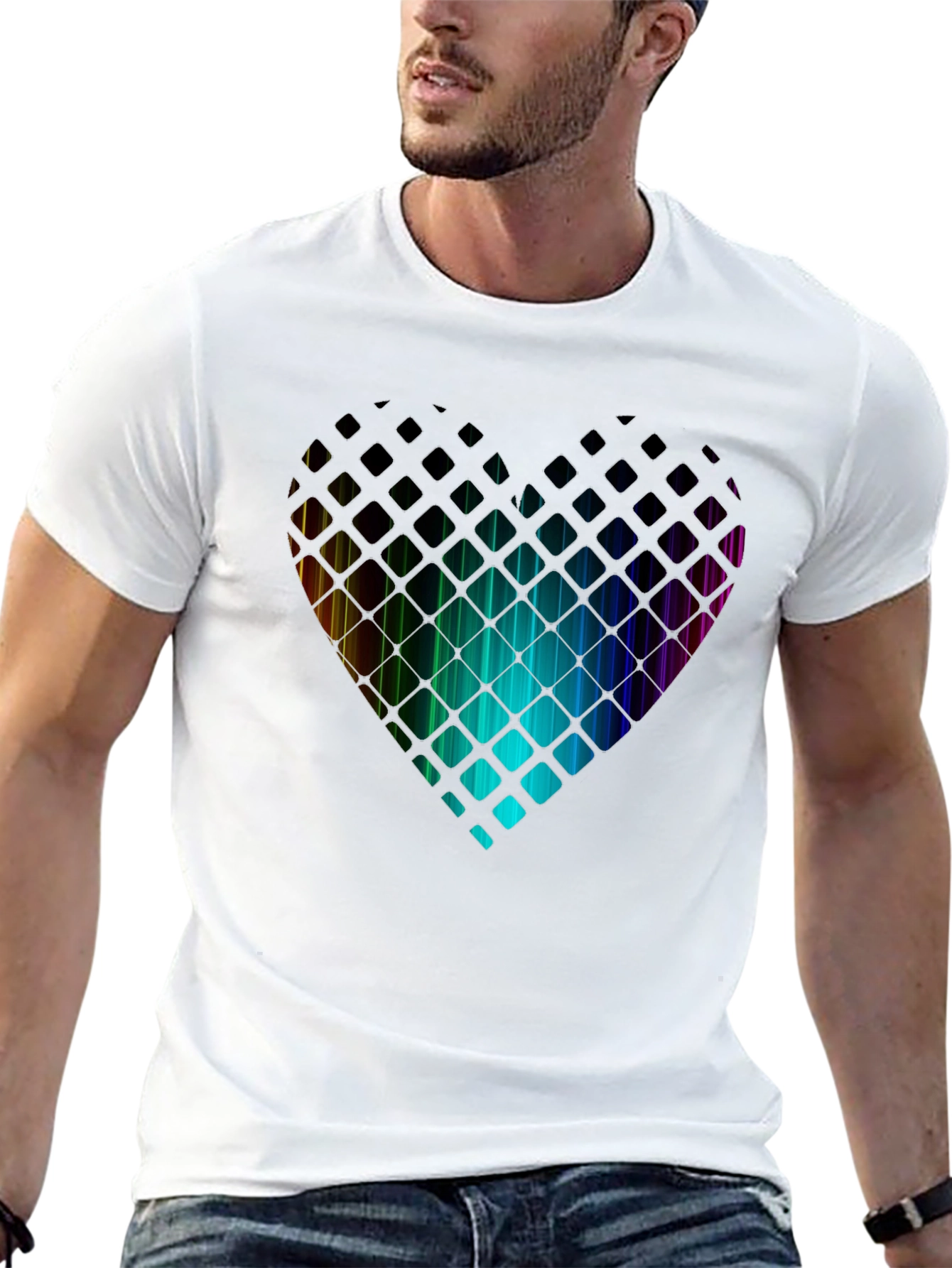 Rainbow Heart T-Shirt - Geometric Pixel Design