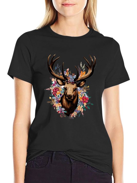 Floral Deer Graphic Tee - Stylish Black T-Shirt