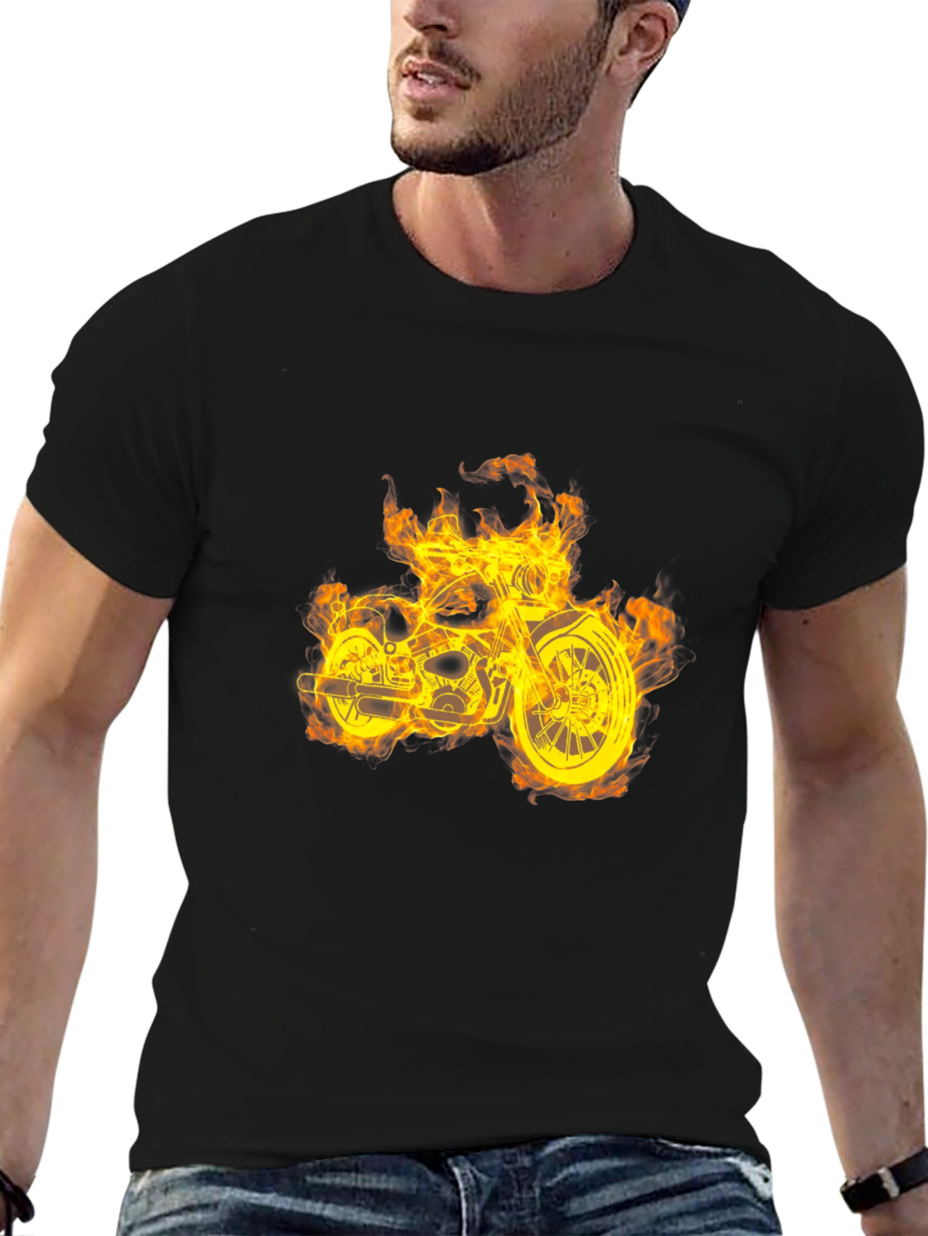 Fiery Motorcycle Graphic T-Shirt - Black