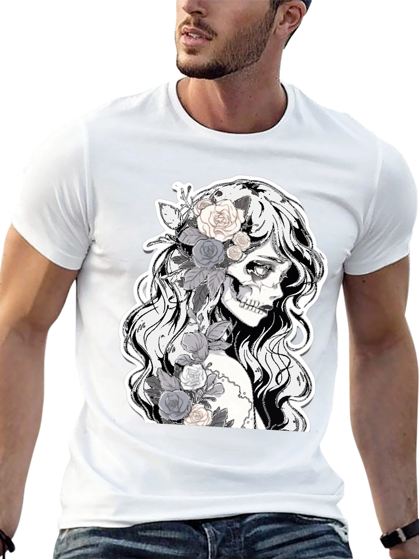 Floral Skull Graphic Tee - Dark Fashion