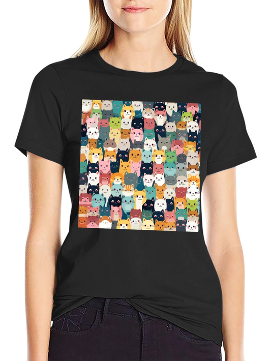 Cute Cats Pattern Black T-Shirt