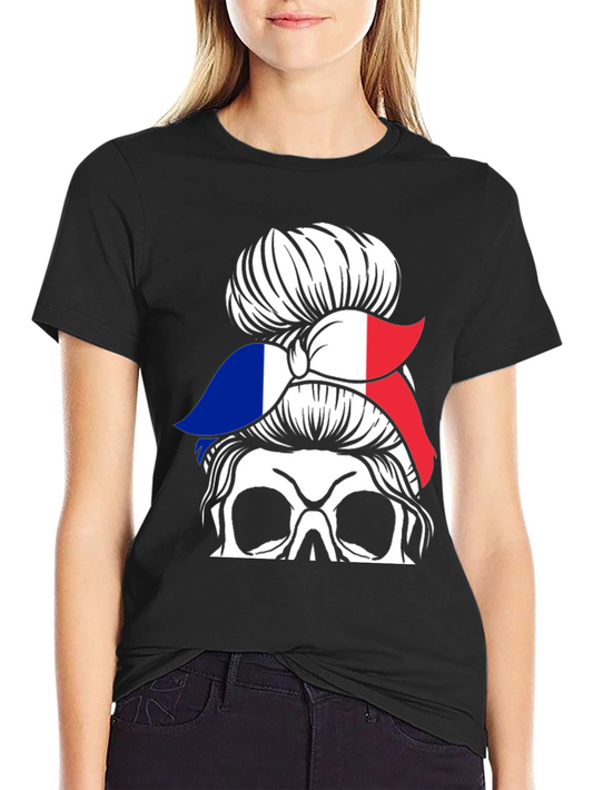 French Flag Messy Bun Skull T-Shirt