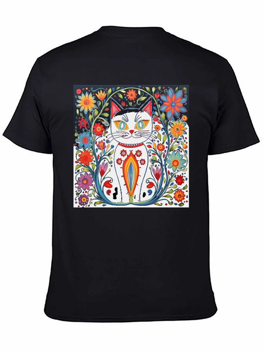 Floral Cat Art Black T-Shirt