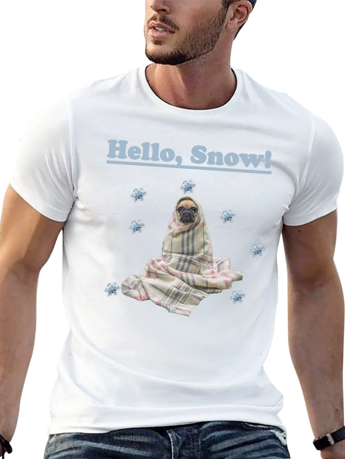 Hello Snow Pug T-Shirt - Cozy Winter Style