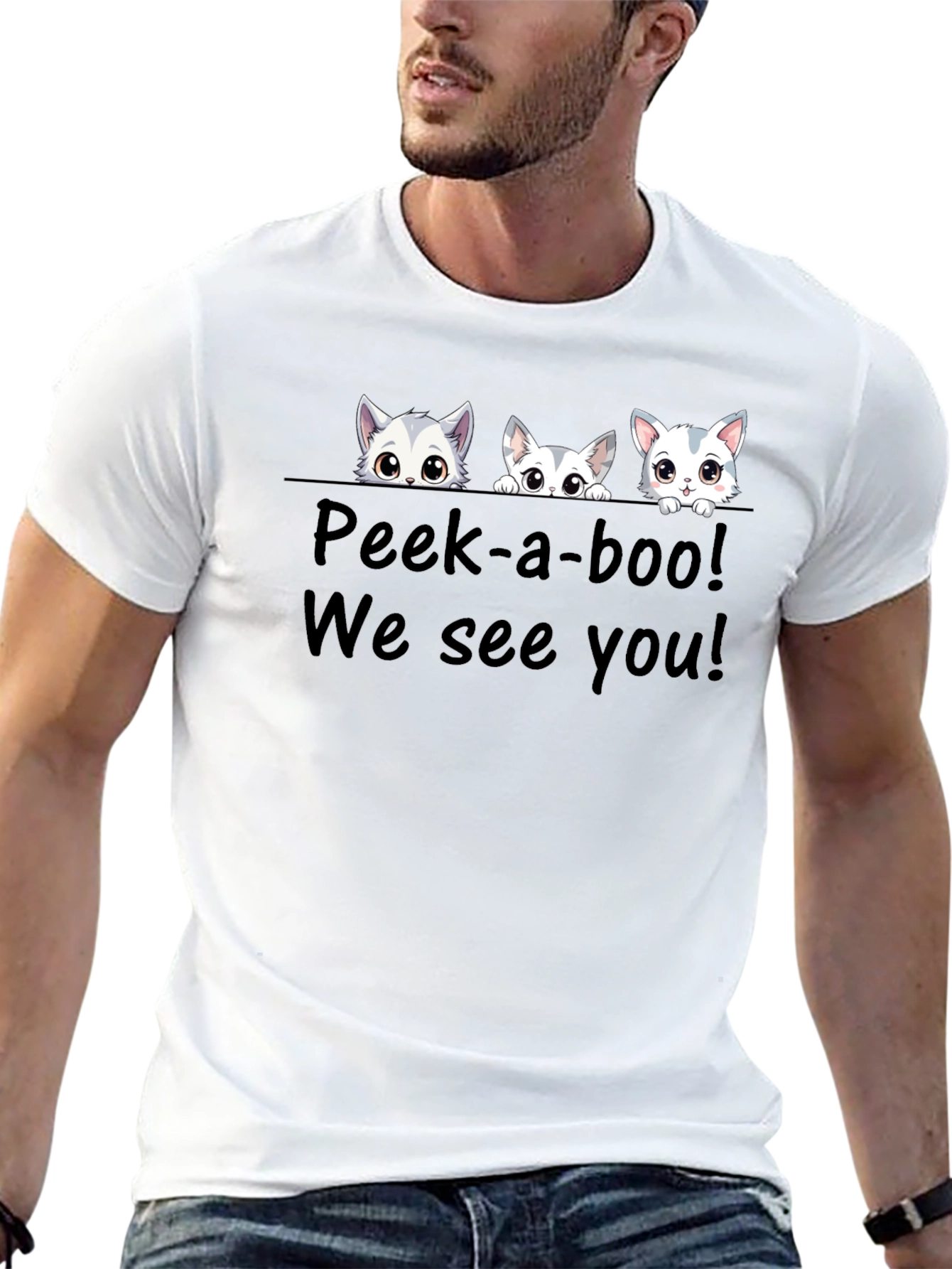Cute Cat Peek-a-boo Graphic T-Shirt