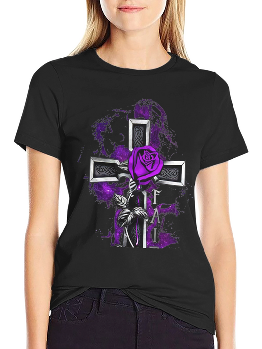 Gothic Rose Cross T-Shirt - Purple Floral Design