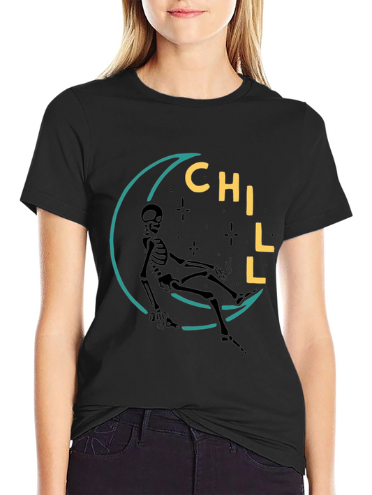 Chill Skeleton Moon Graphic Tee - Relaxed Fit