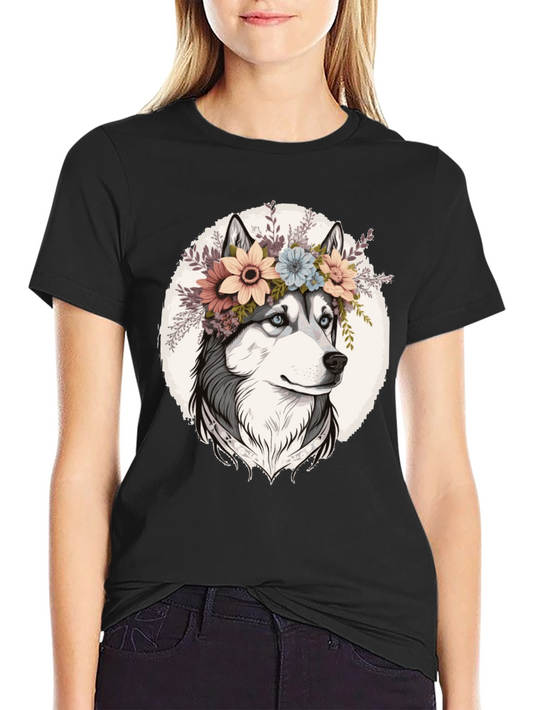 Floral Husky Graphic Tee - Unisex Black T-Shirt