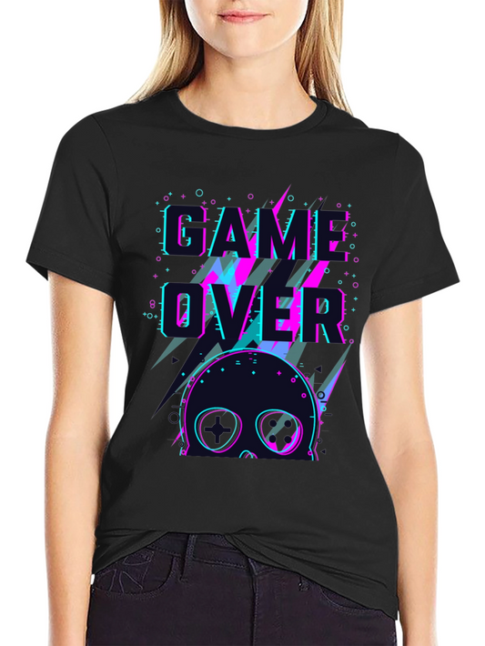 Game Over Skull Graphic Tee - Black Crew Neck