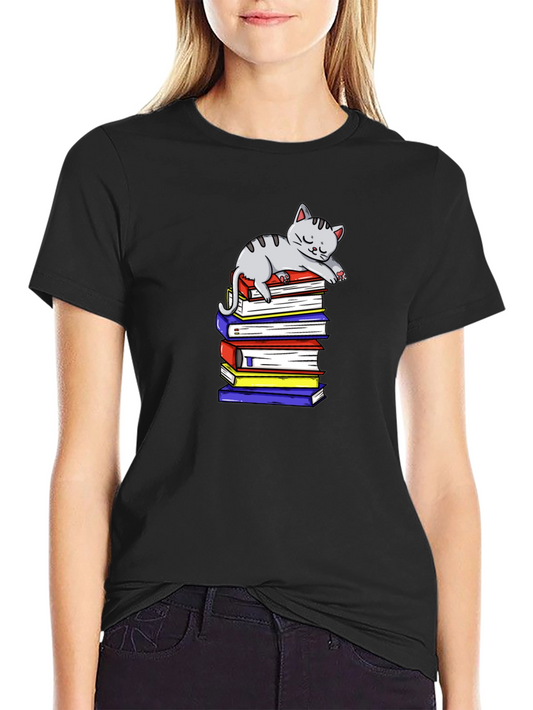 Cute Cat on Books T-Shirt - Book Lover Apparel