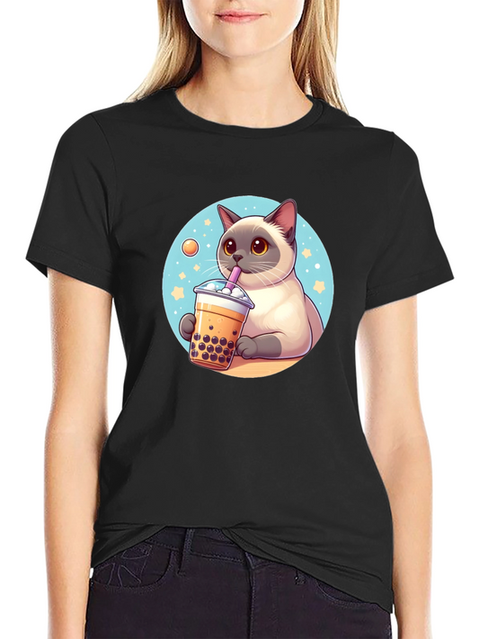 Cute Cartoon Cat Boba Tea Graphic T-Shirt
