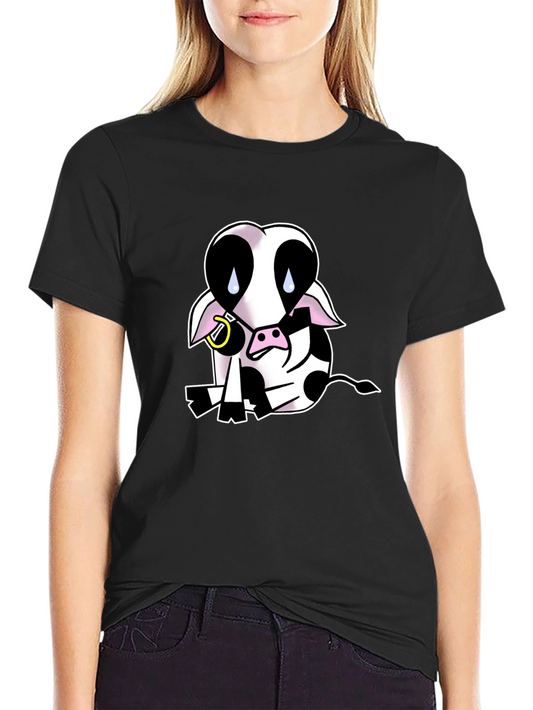 Black T-Shirt with Sad Cow Graphic