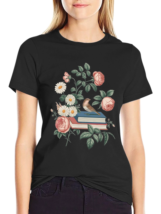 Floral Books T-Shirt - Literary Bird Tee