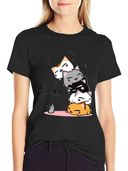 Cute Cats Stack Black T-Shirt