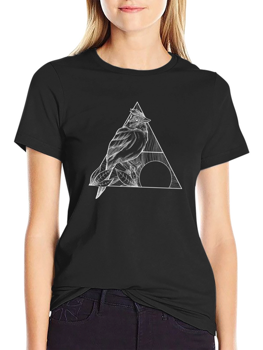 Geometric Bird Graphic Tee - Black Cotton T-Shirt