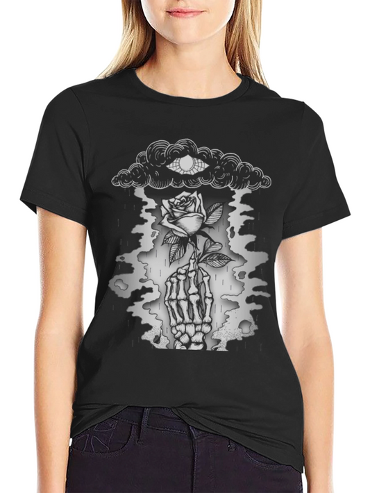 Gothic Rose & Skeleton Hand Graphic T-Shirt