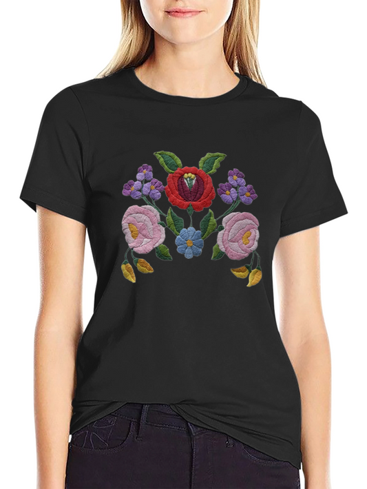 Floral Embroidered Black T-Shirt