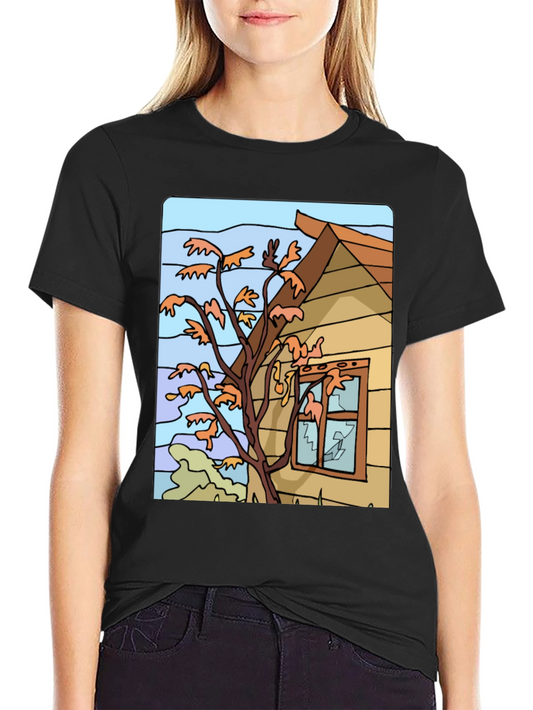 Whimsical House Tree Graphic Black T-Shirt