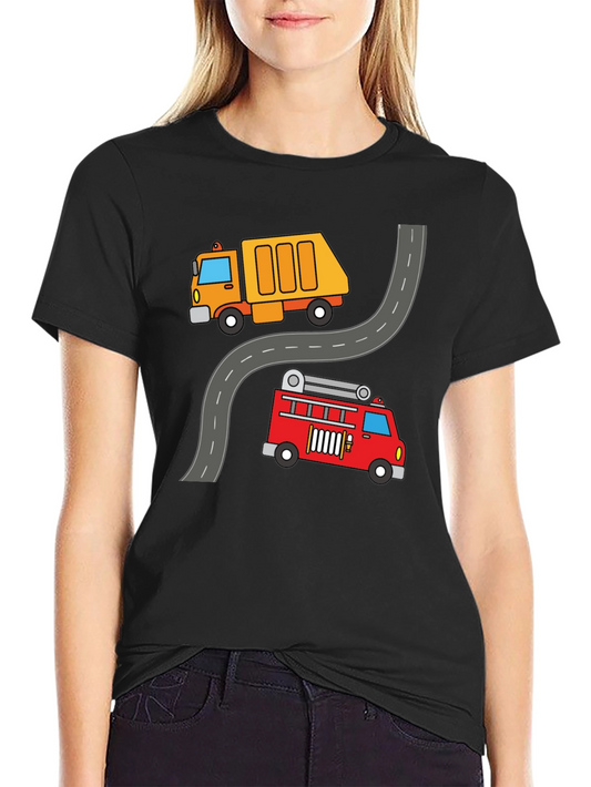 Cartoon Truck & Fire Engine Black T-Shirt