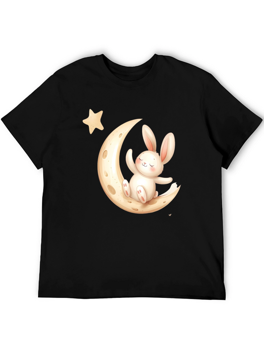 Cute Bunny on Moon Black T-Shirt
