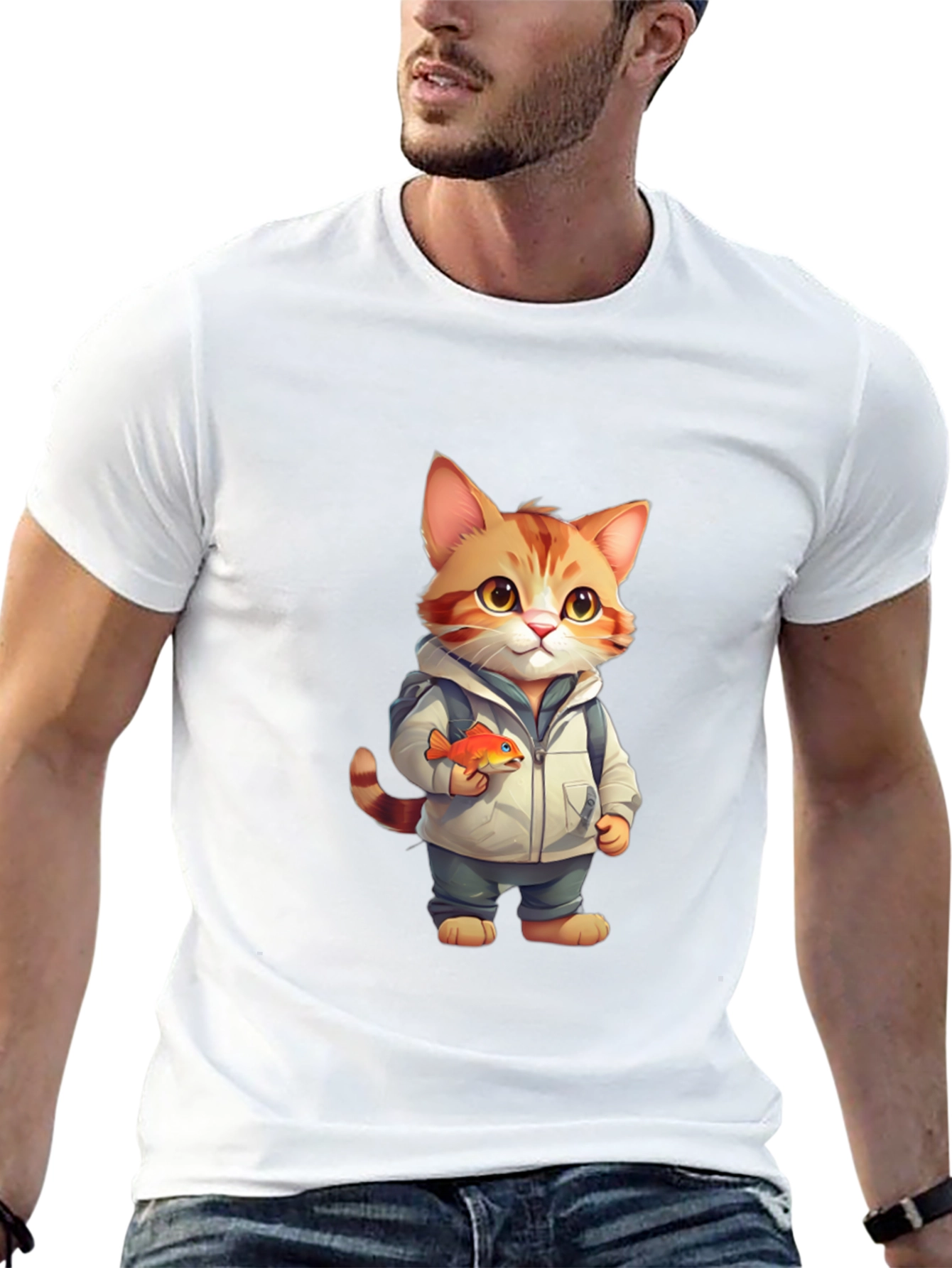Cartoon Cat with Fish Graphic Tee