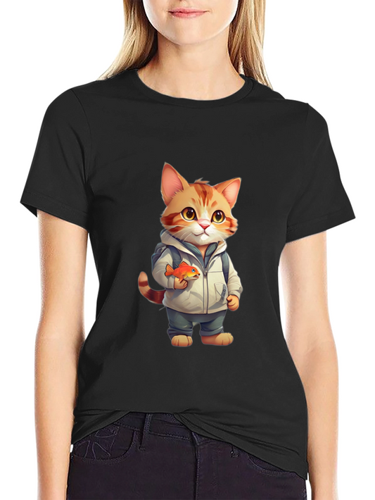 Cartoon Cat with Fish Graphic Tee