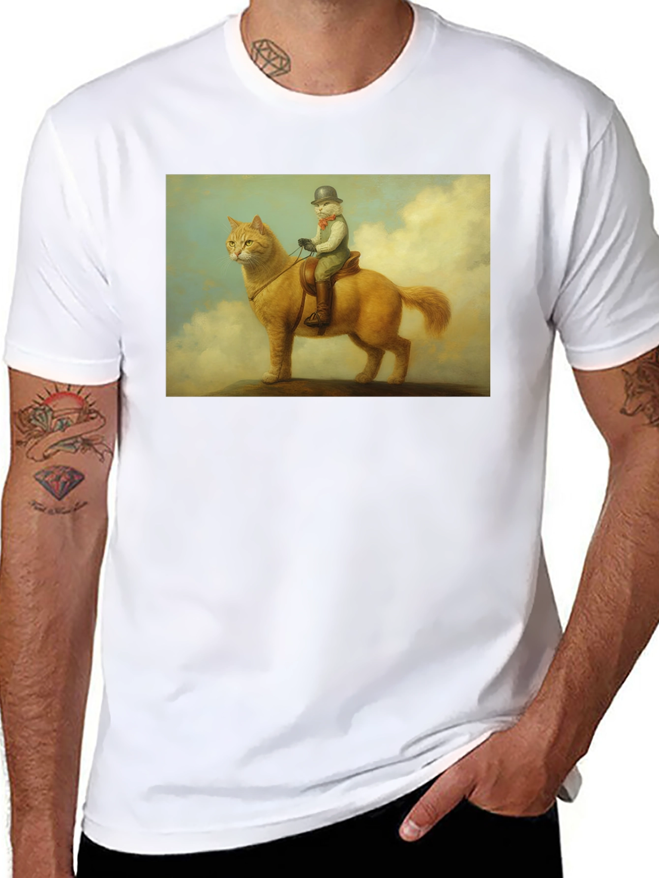Cat Rider Tee - Whimsical Art Black T-Shirt